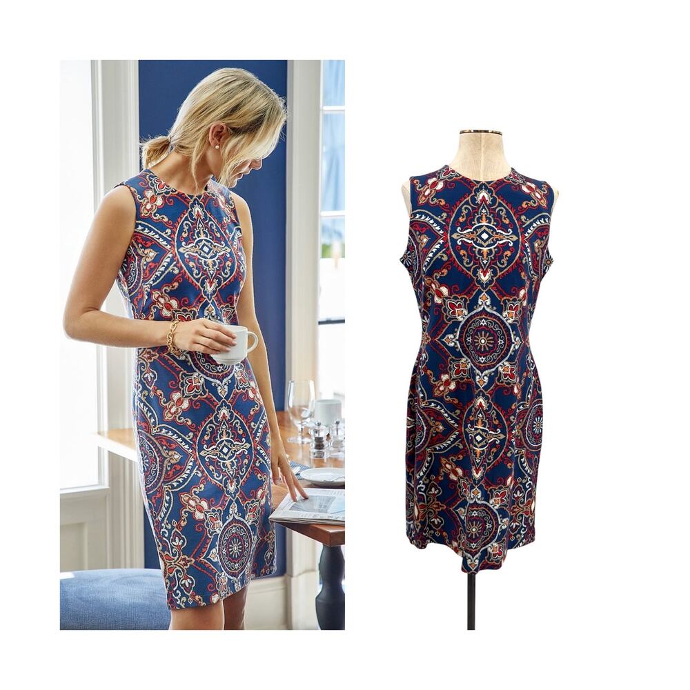 J McLaughlin Devon Sleeveless Shift Dress Blue Red Medallion Print Medium